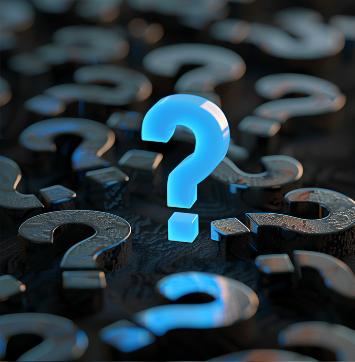 Blue question mark glowing amid black question marks on black background